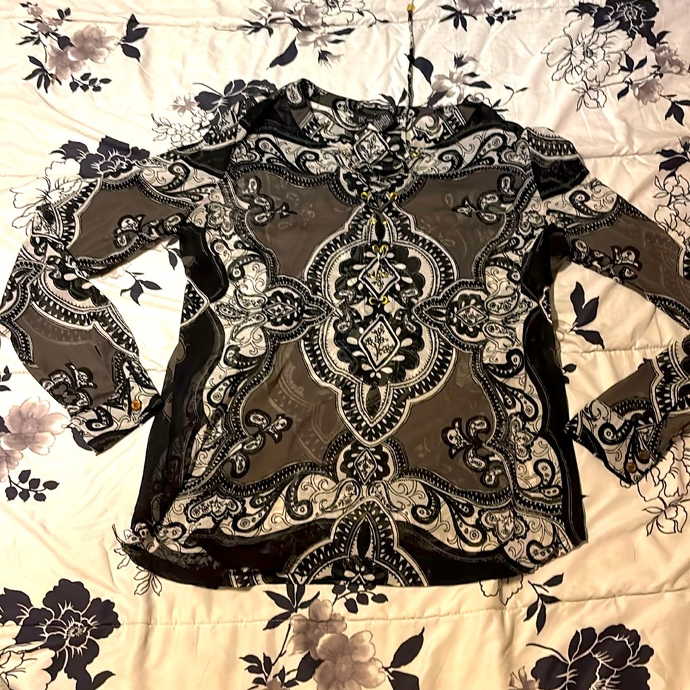 Macy’s International concepts, size large women’s sheer lace up blouse